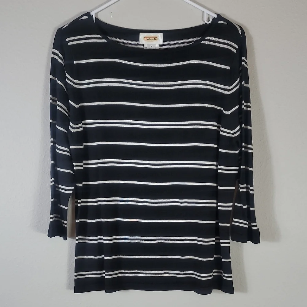 Talbots 100% Silk Sweater Size M Black White Stripes Old Money Quiet Luxury